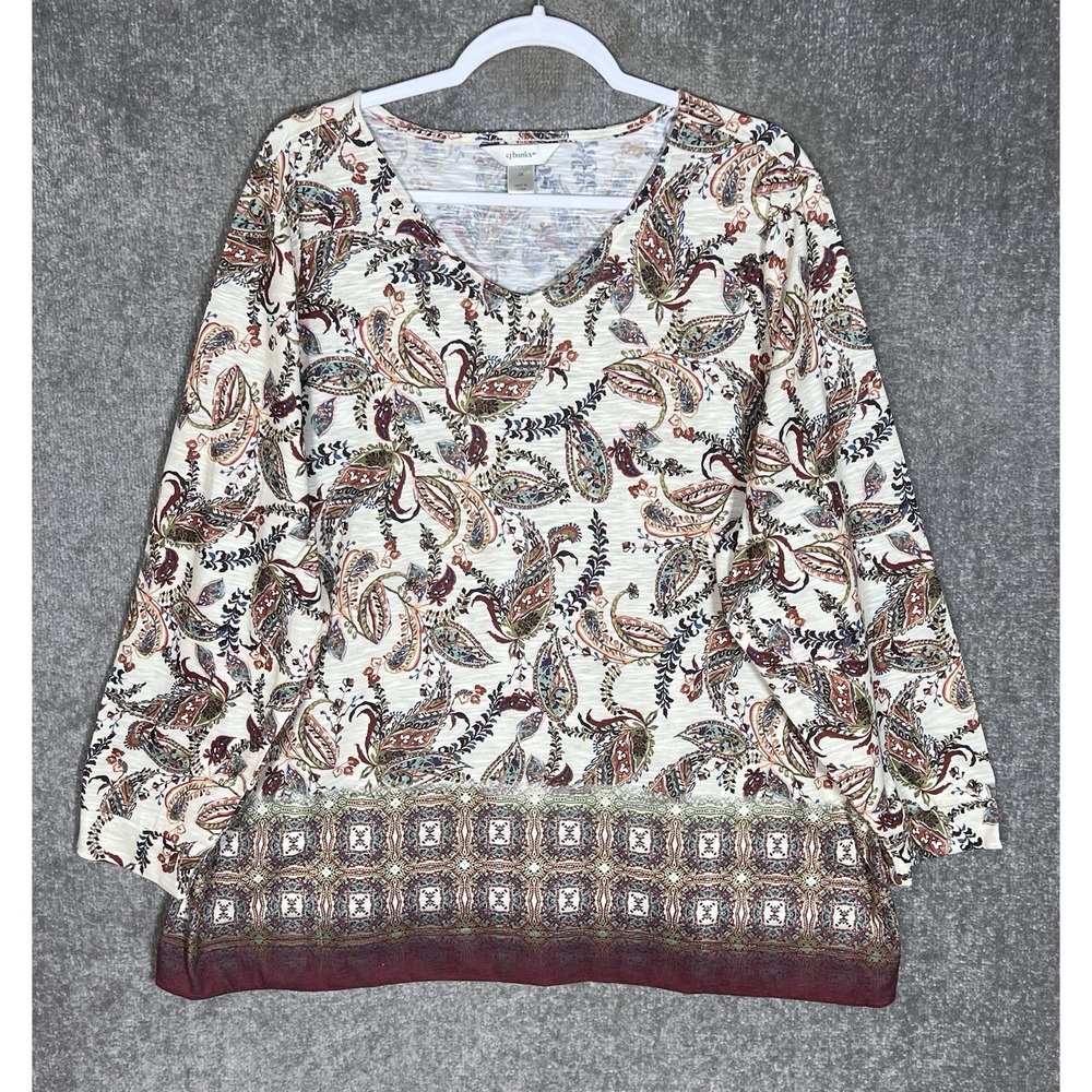 CJ Banks Paisley Floral Top Womens Sz 2X Long Sleeve Pockets Vneck Fall Autumnal